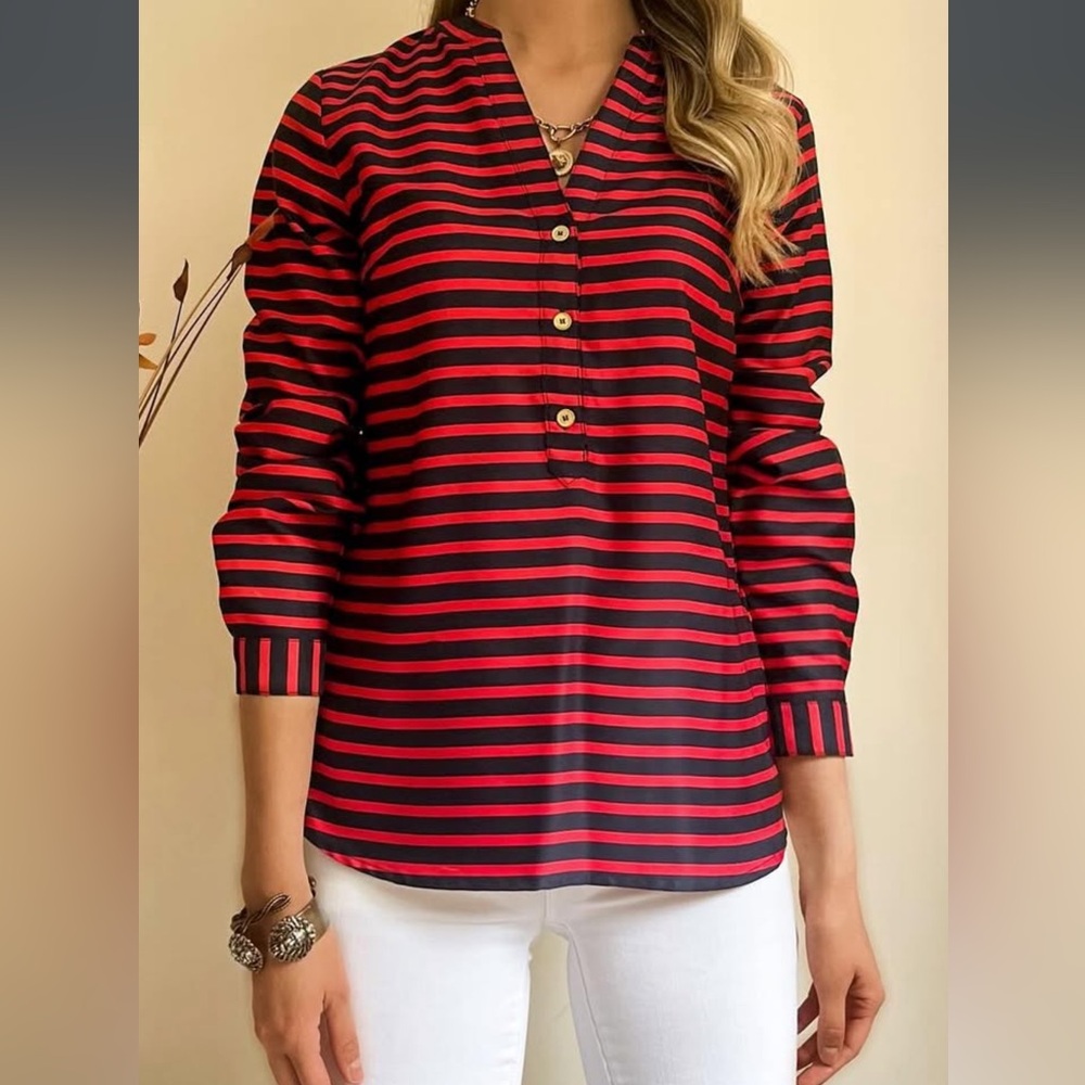 Red and navy Striped Button-Up Blouse